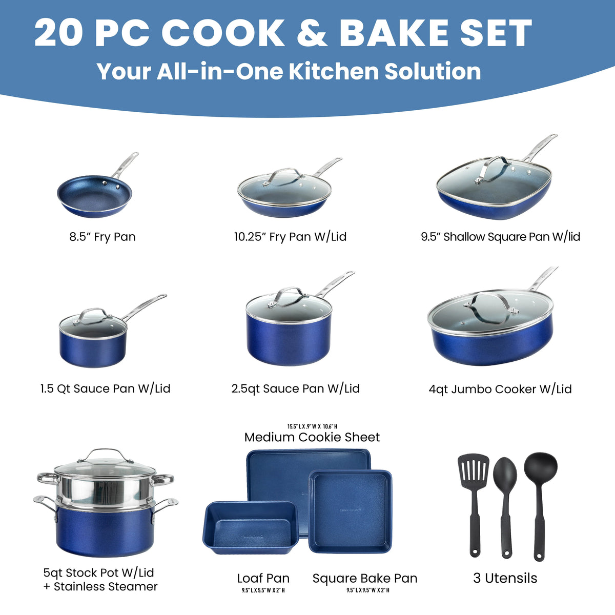 20 Piece Nonstick Blue Cookware Bakeware Set X9340