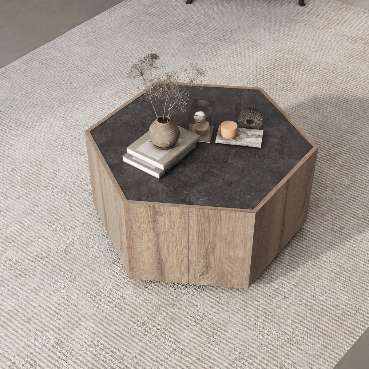 Hexagonal Coffee Table with 2 Drawers, Textured Black Warm Oak R952257