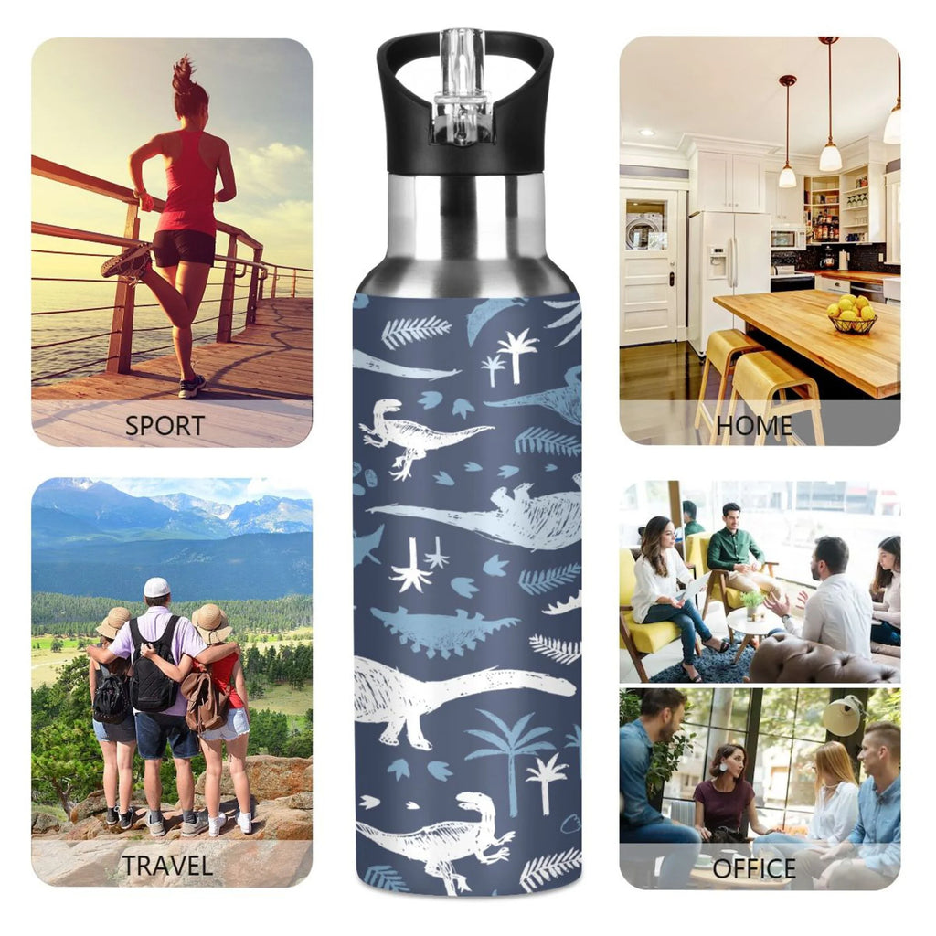 Blue Dinosaur Stainless Steel Insulated Water Bottle with Straw Lid K174