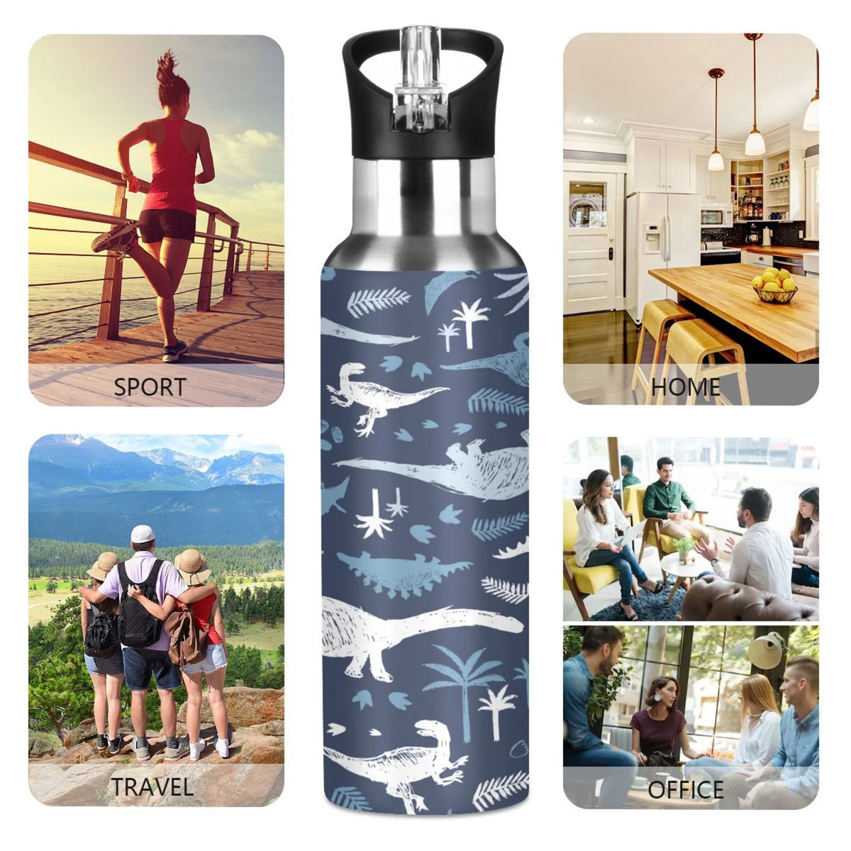 Blue Dinosaur Stainless Steel Insulated Water Bottle with Straw Lid K174