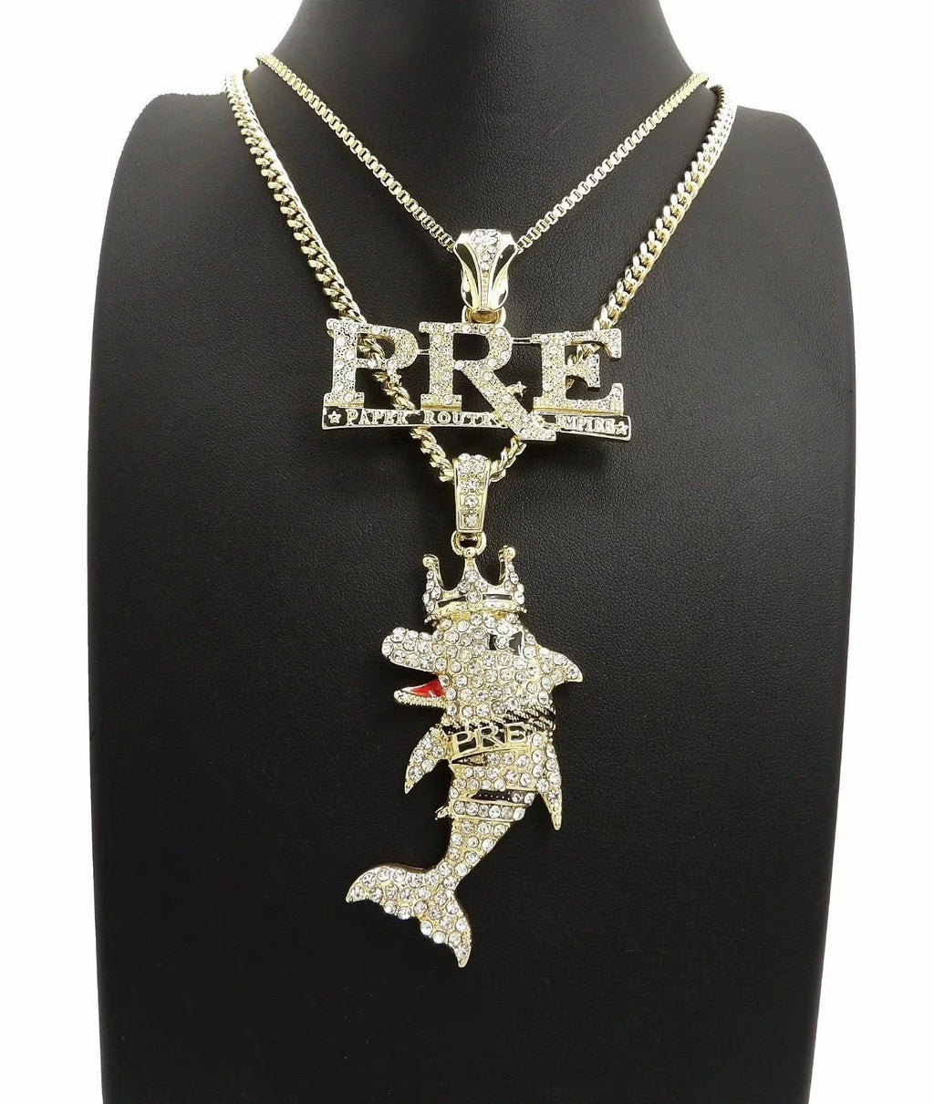 Iced Gold Plated Cubic Zirconia Pendant & Cuban Chain Necklace B9700