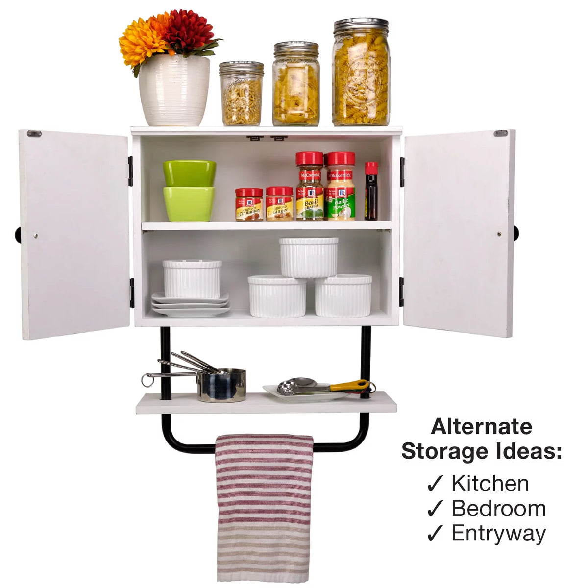 White Bathroom Wall Cabinet with Adjustable Shelf and Towel Bar F76403