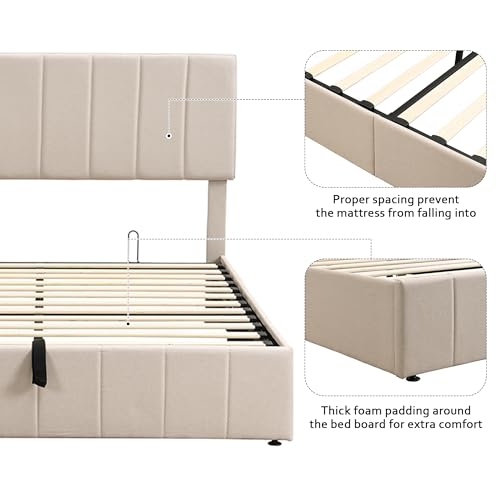 Beige Full Size Upholstered Platform Bed with Hydraulic Storage D54807