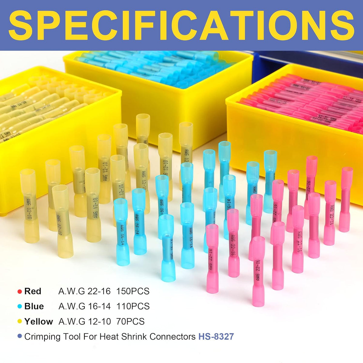 330PCS Heat Shrink Butt Connectors Set, AWG 22-10 Marine Grade Waterproof Butt Splice Connectors with Crimping Tool G20911