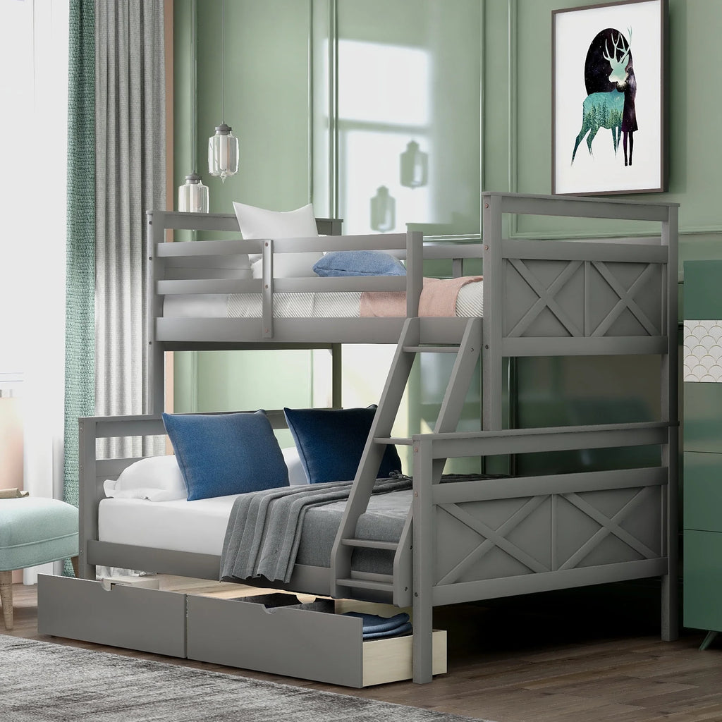 White Wood Twin over Full Bunk Bed with Trundle O546