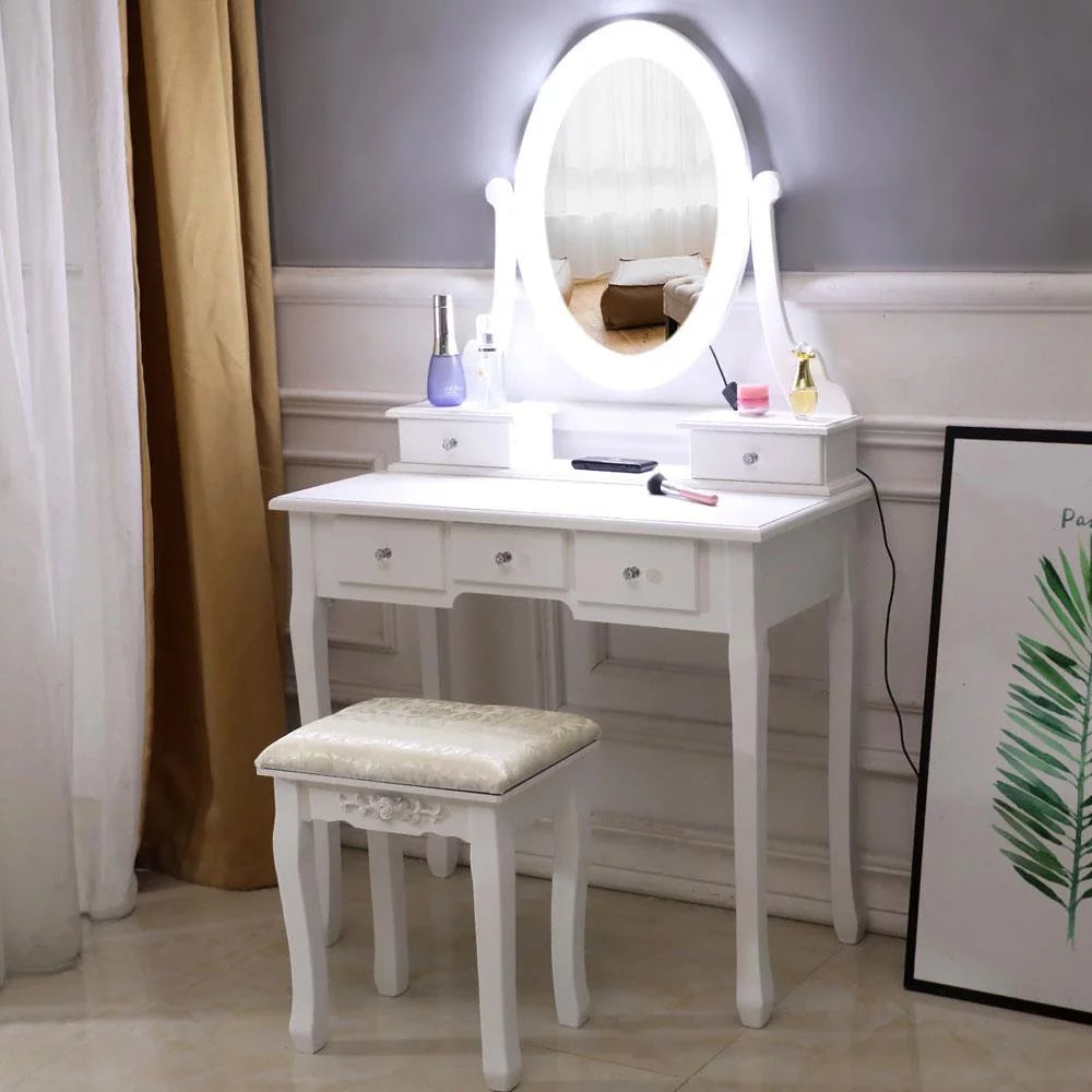 White Vanity Table Set with 5 Drawers and Cushioned Stool Z26186
