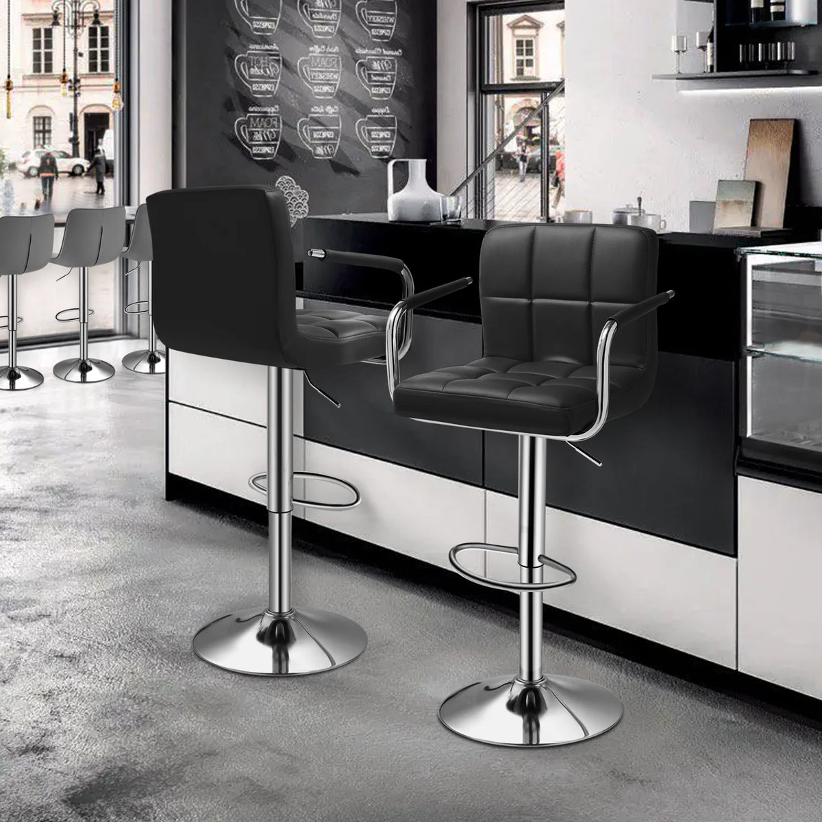 Set of 2 Black Faux Leather Swivel Bar Stools D22078