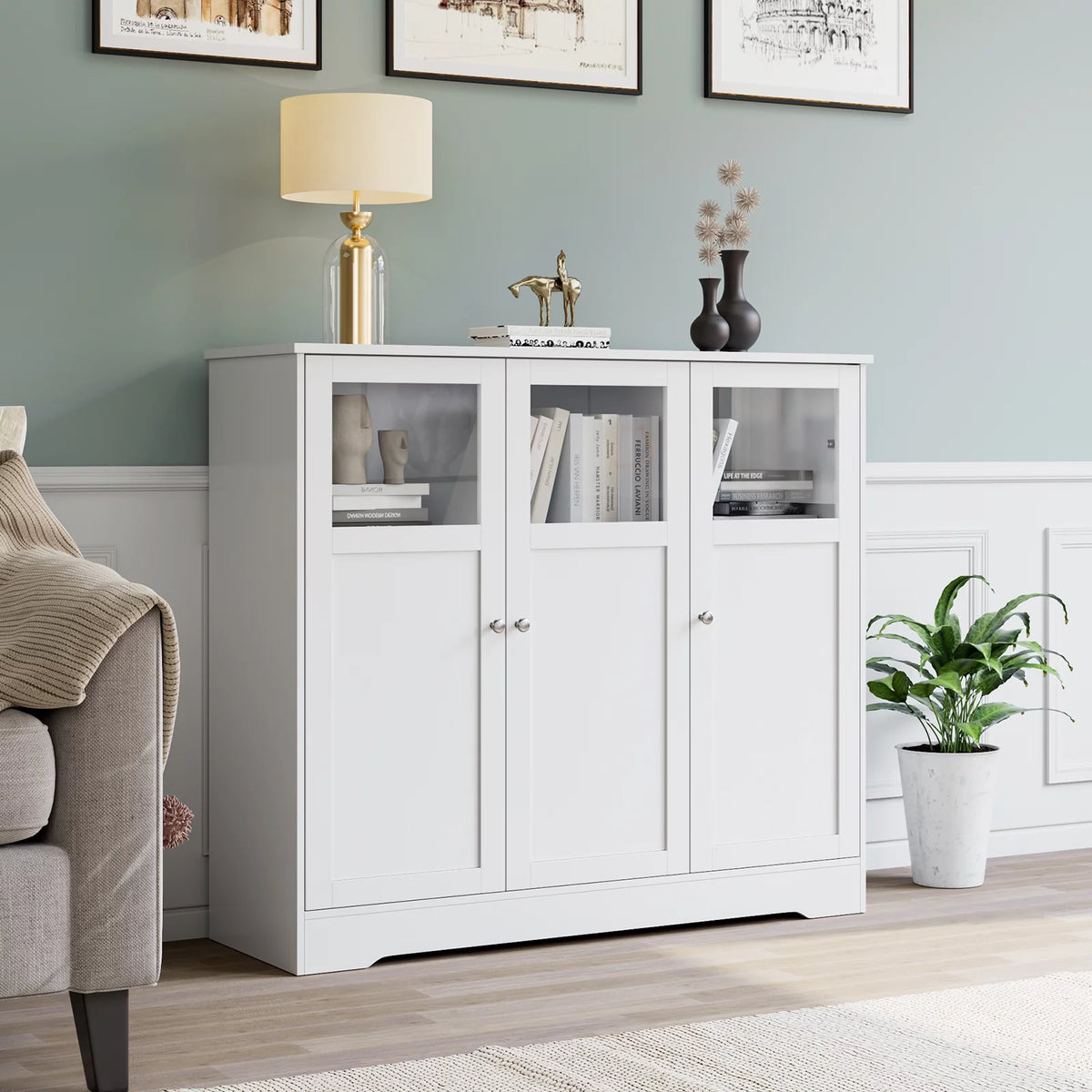 White 3 Glass Door Accent Cabinet B385318