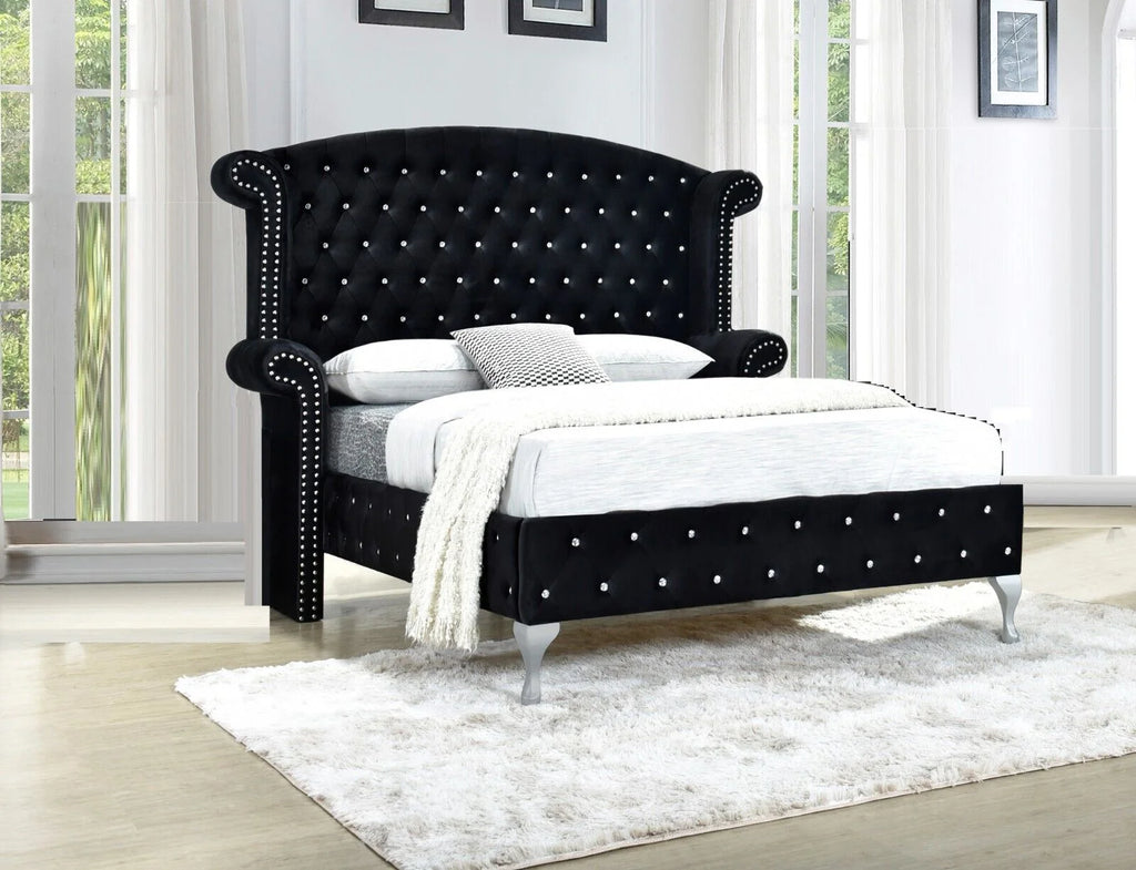 King Size 3Pc Bed Chest Nightstand Set Black Velvet Upholstery D625520