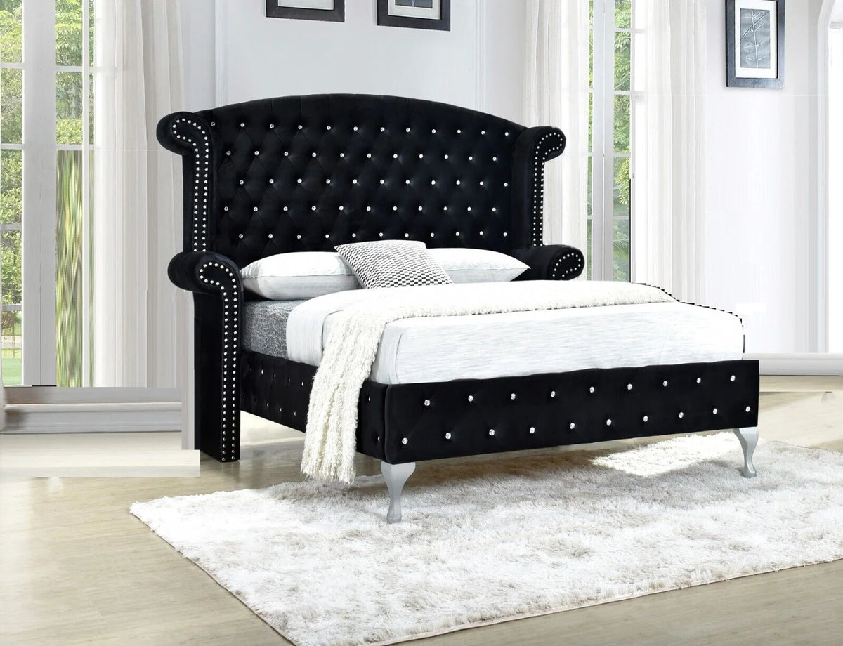 King Size 3Pc Bed Chest Nightstand Set Black Velvet Upholstery D625520