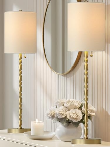 Buffet Lamps Set of 2, 28.5" Tall Brass Finish Linen Shade N8910