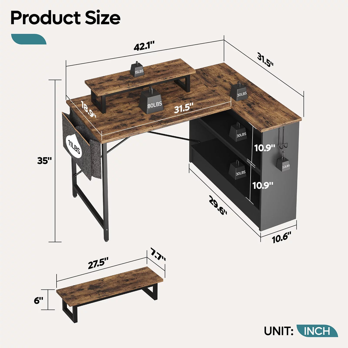 42" L-shaped Computer Desk with Storage Shelf T3424