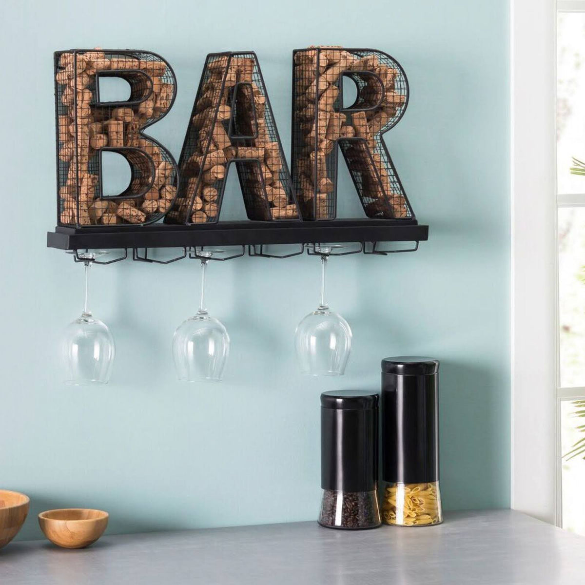 Wall Mounted Wine Glass Holder and Cork Holder Holds 6 Wine Glasses S3171