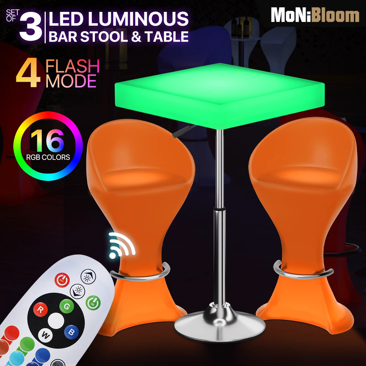 Set of 3 LED Light Up Square Bar Table + Stools Y34695