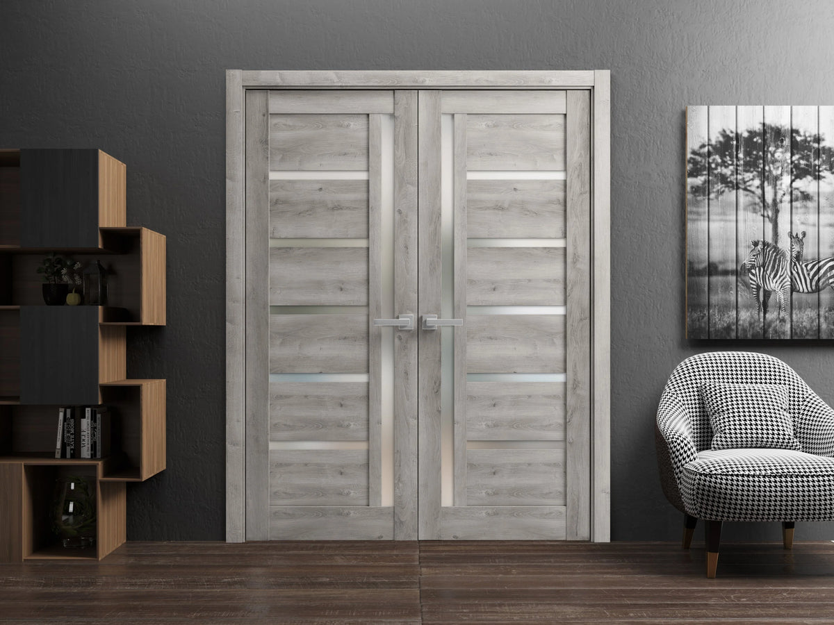 Solid French Double Doors 48 x 96 inches Frosted Glass Wood H15145