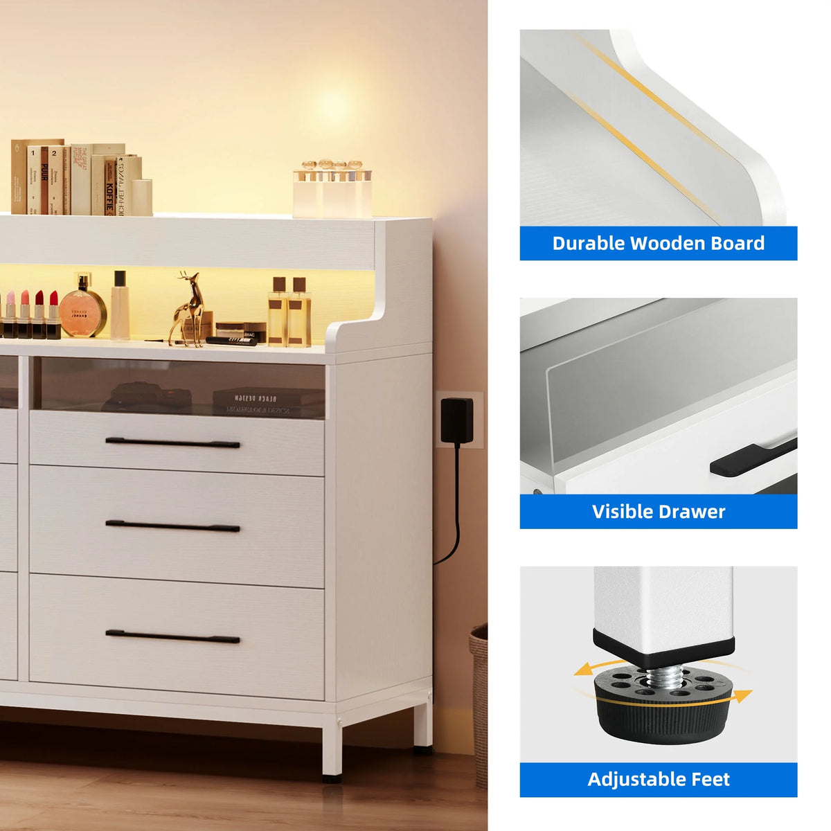 White 6 Drawer Dresser with LED Light and Open Storage Q737
