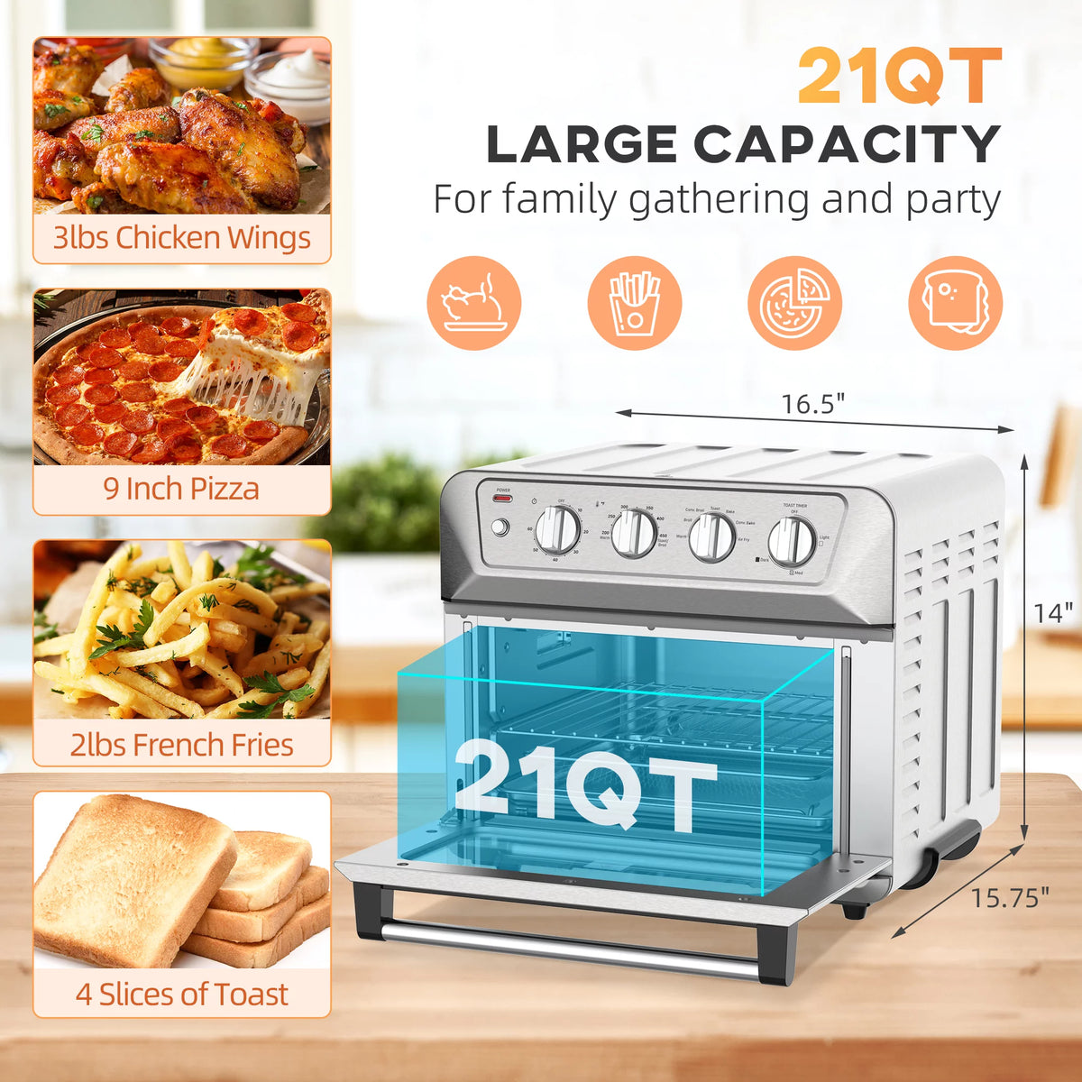 21QT 7-In-1 Convection Air Fryer Toaster Oven, 1800W Stainless Steel W458277