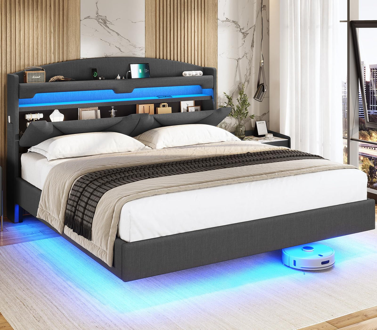Full Size Floating Bed Frame with Storage Headboard A3043