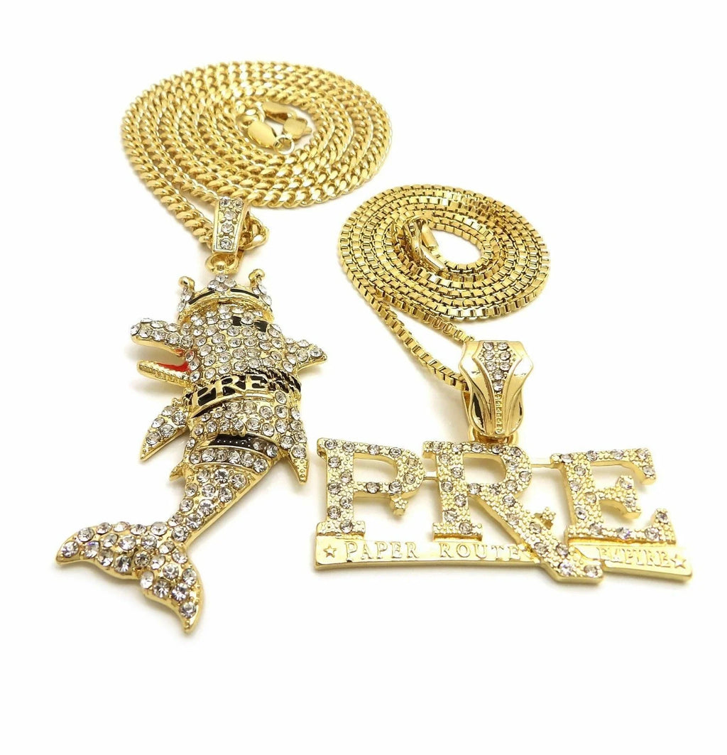 Iced Gold Plated Cubic Zirconia Pendant & Cuban Chain Necklace B9700