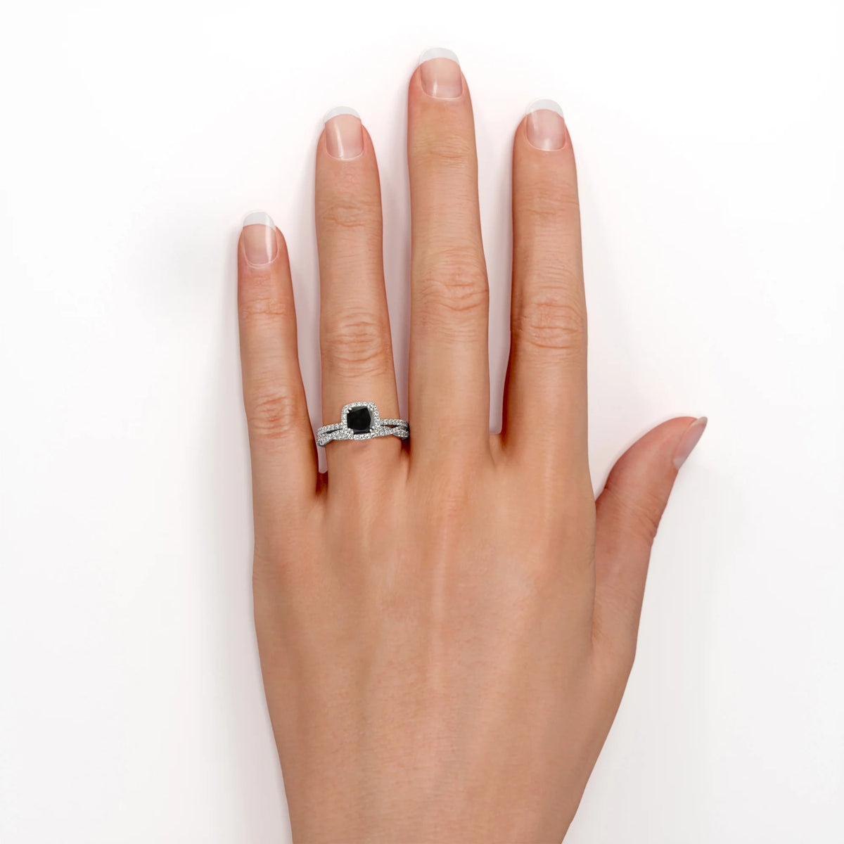18K White Gold Plating over Silver Cushion Cut Black Diamond and Moissanite Wedding Ring Set P159608