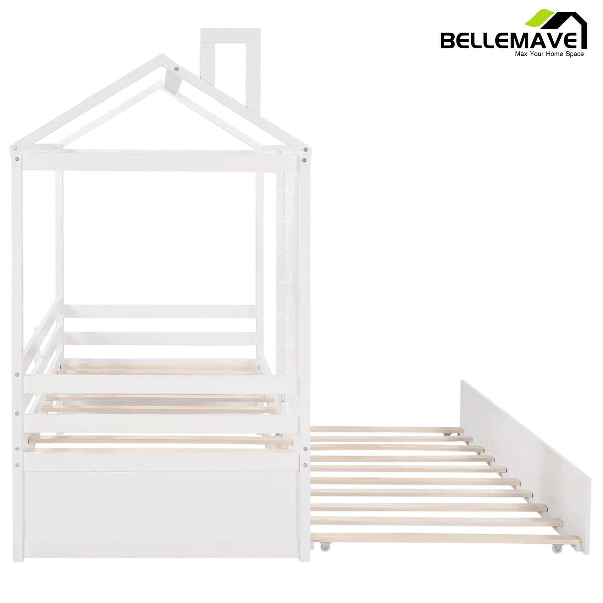 White Wood Twin Size House-Shaped Platform Bed with Trundle Q12251