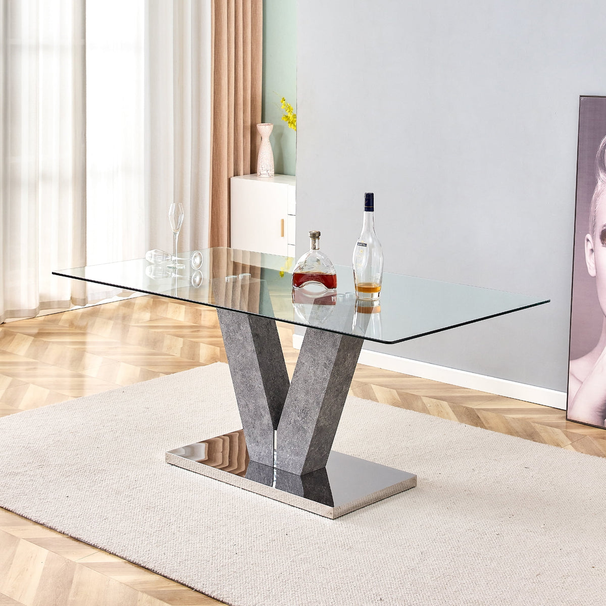 Modern Minimalist Rectangular Glass Dining Table for 6-8 F584612