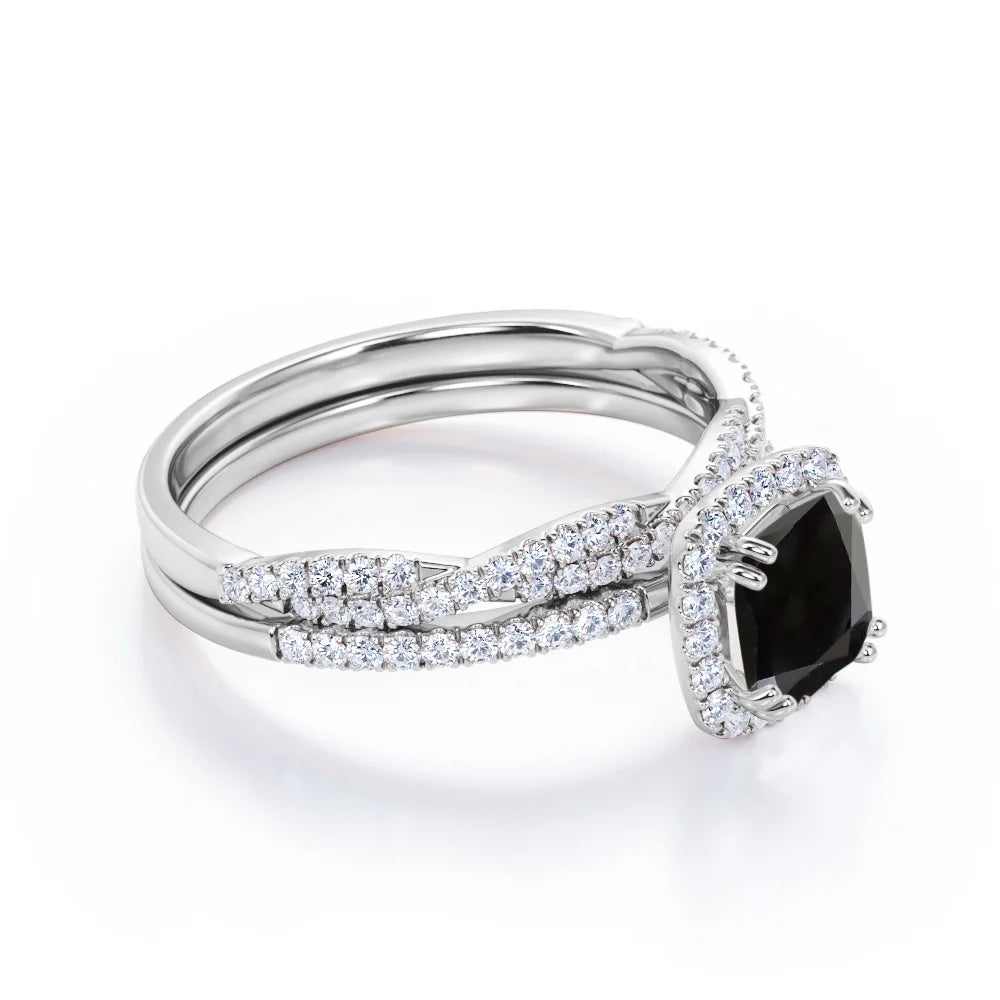 18K White Gold Plating over Silver Cushion Cut Black Diamond and Moissanite Wedding Ring Set P159608