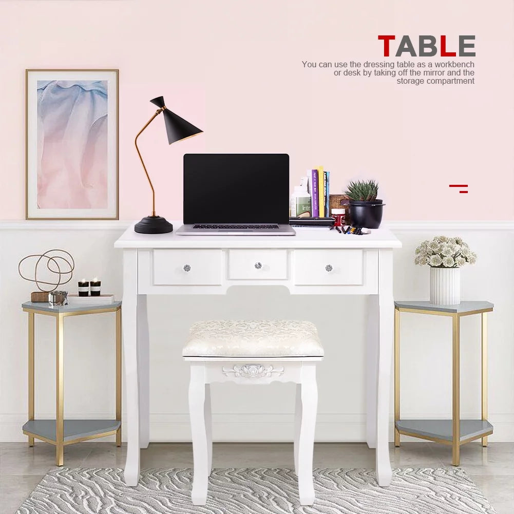 White Vanity Table Set with 5 Drawers and Cushioned Stool Z26186