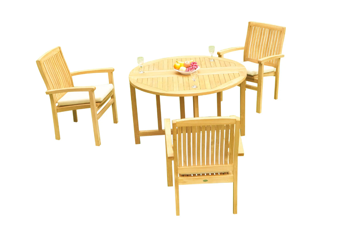 Grade-A Teak 4 Pc Dining Set with 48" Round Butterfly Table and 3 Stacking Arm Chairs D657