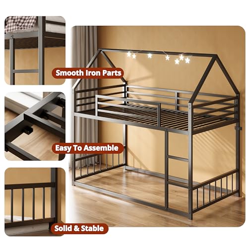 Twin Over Twin Bunk Bed with Ladder and Guardrail Black U403447