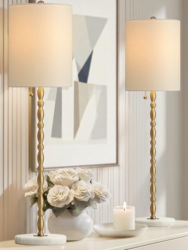 Buffet Lamps Set of 2, 28.5" Tall Brass Finish Linen Shade N8910