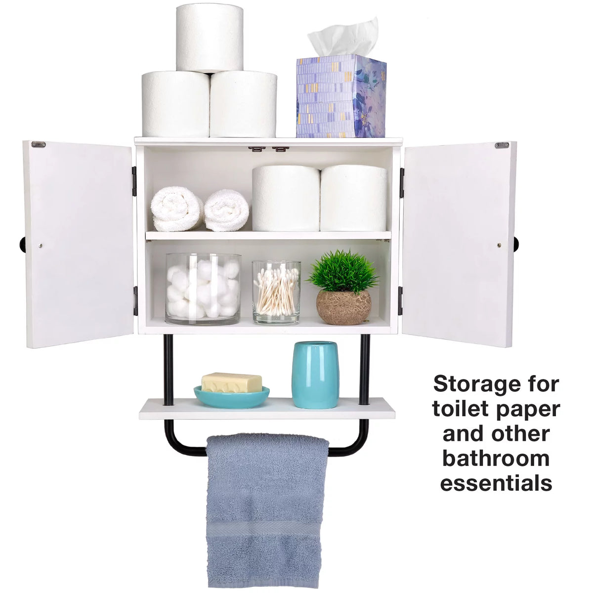 White Bathroom Wall Cabinet with Adjustable Shelf and Towel Bar F76403