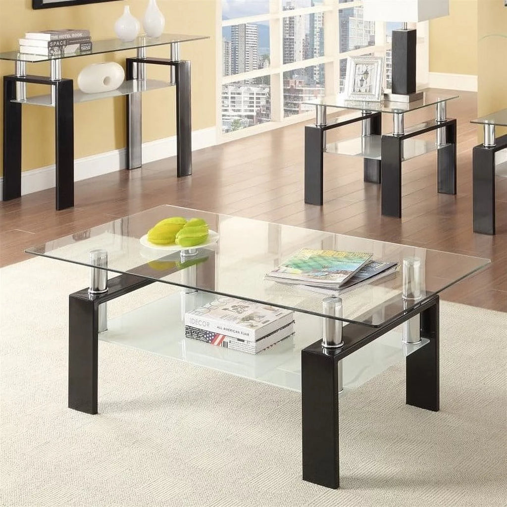 Black 2 Piece Glass Top Coffee Table and End Table Set Q4466
