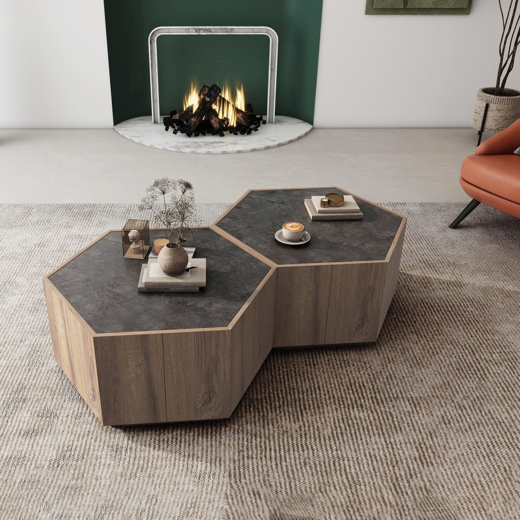 Hexagonal Coffee Table with 2 Drawers, Textured Black Warm Oak R952257
