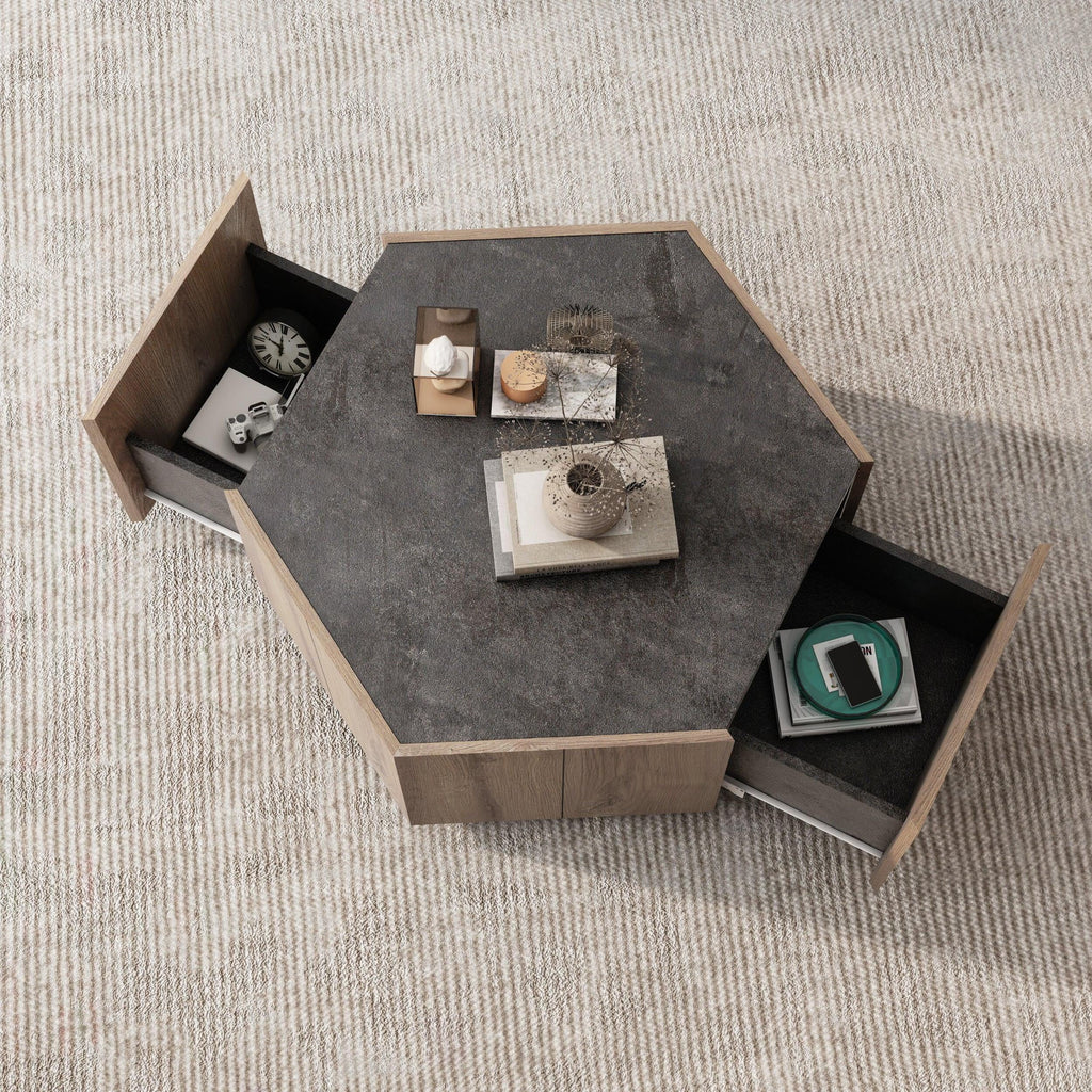 Hexagonal Coffee Table with 2 Drawers, Textured Black Warm Oak R952257