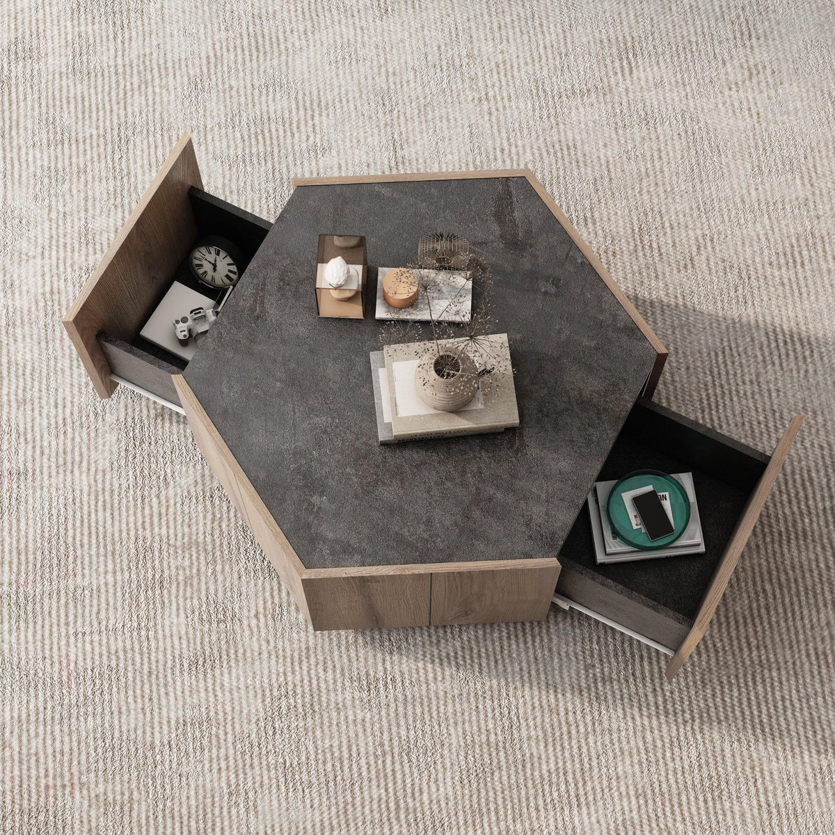 Hexagonal Coffee Table with 2 Drawers, Textured Black Warm Oak R952257