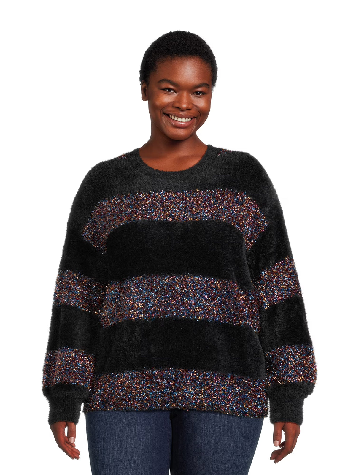 Metallic Stripe Pullover Sweater with Long Sleeves D8114