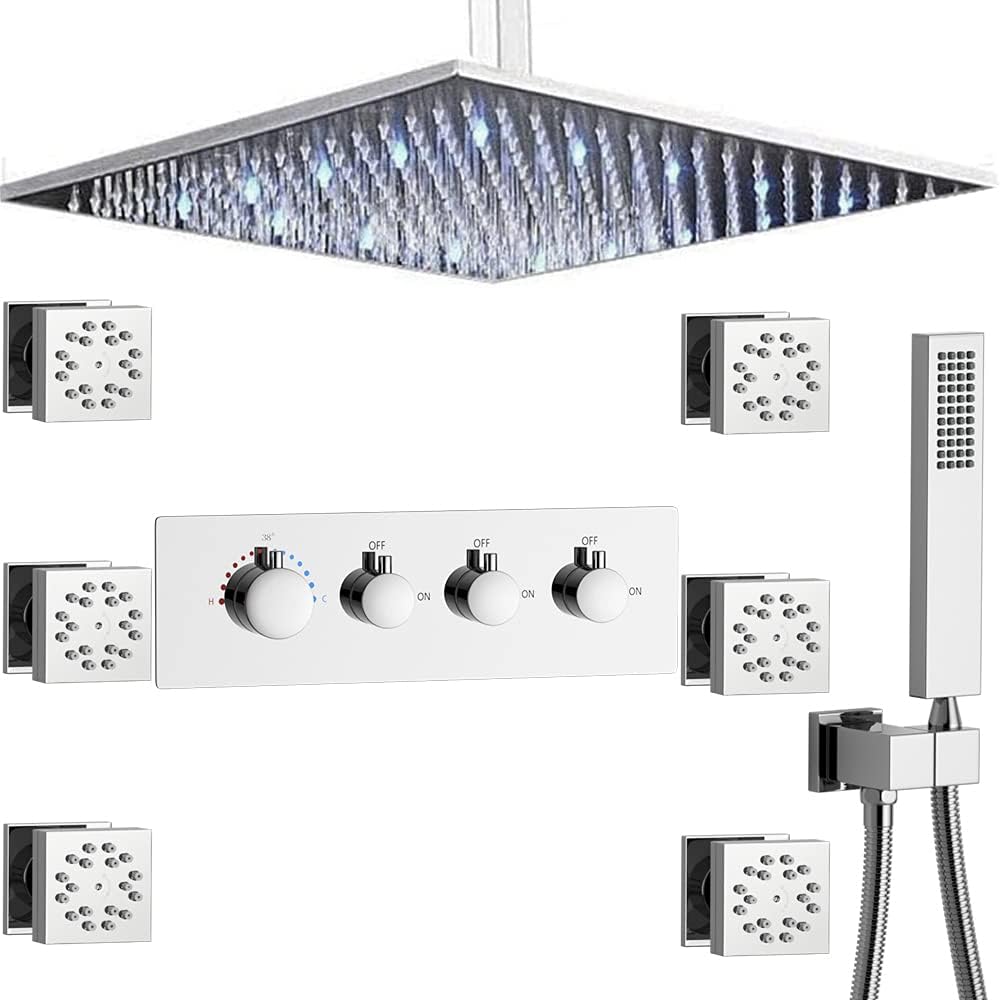 16 Inch LED Rain Shower System with Body Jets, Polished Chrome Brass Ceiling Mounted Shower Faucet Combo M764