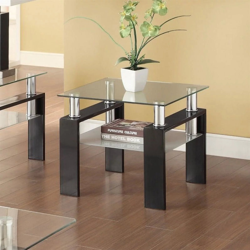 Black 2 Piece Glass Top Coffee Table and End Table Set Q4466
