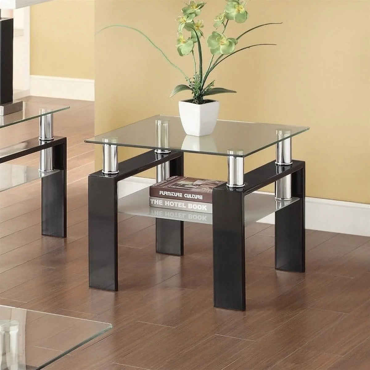 Black 2 Piece Glass Top Coffee Table and End Table Set Q4466