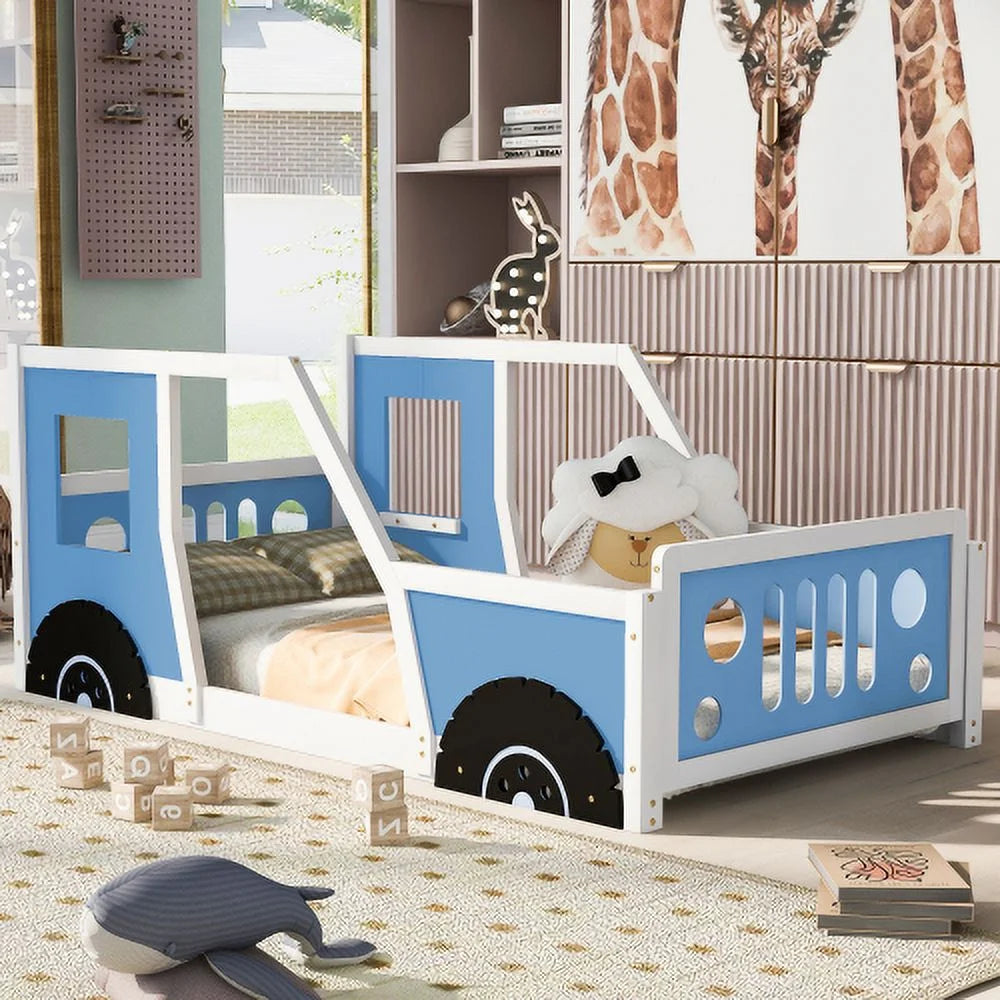 Twin Size Car-Shaped Platform Bed with Wheels Blue I520