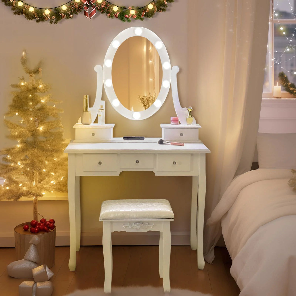 White Vanity Table Set with 5 Drawers and Cushioned Stool Z26186
