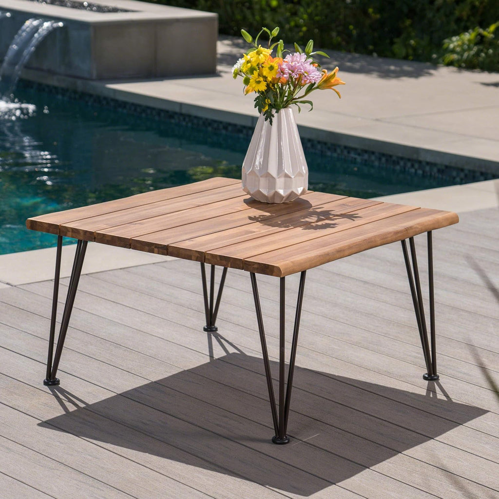 Teak Finish Acacia Wood Coffee Table with Iron Frame T64596