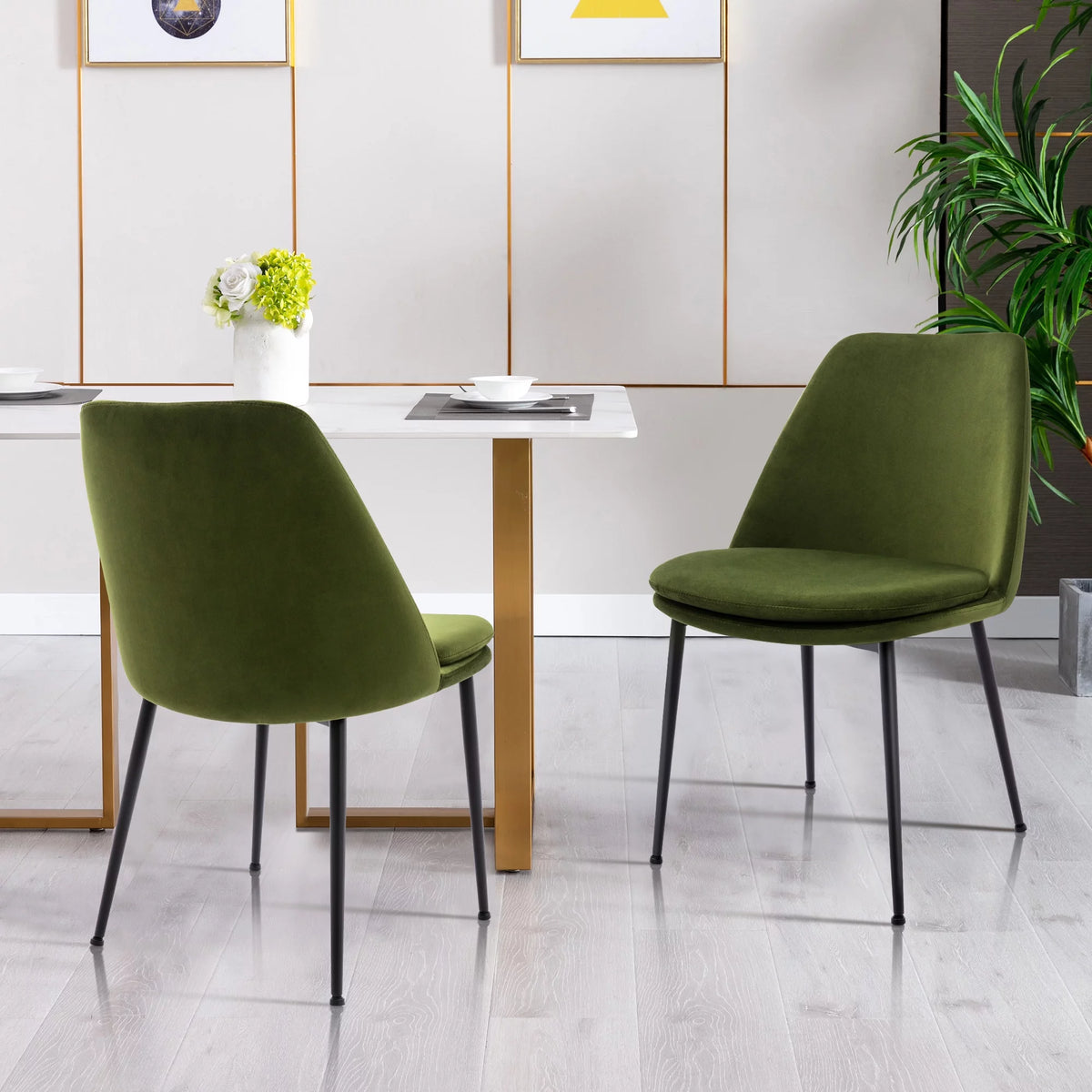 Velvet Upholstered Dining Chair Set of 2 with Black Metal Legs T527282