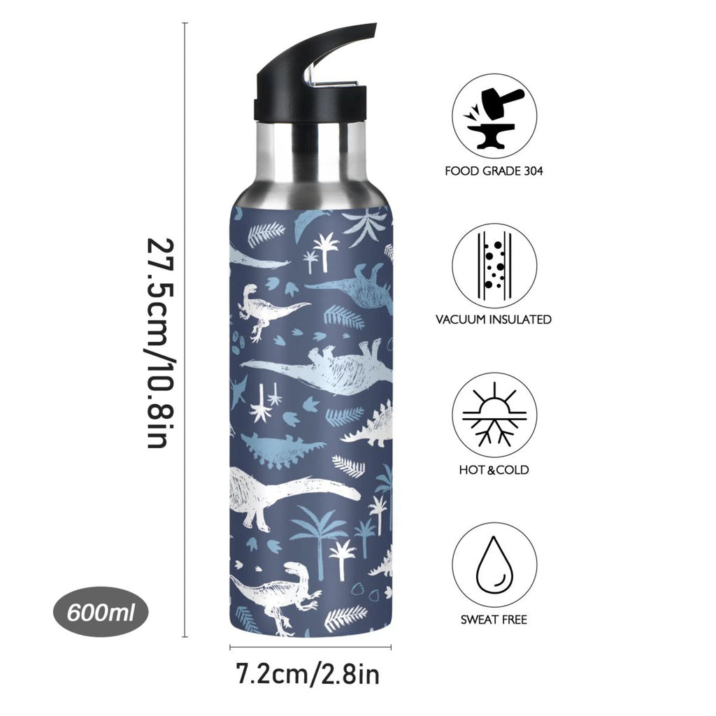 Blue Dinosaur Stainless Steel Insulated Water Bottle with Straw Lid K174
