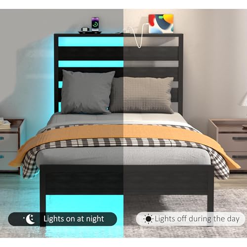 Black Twin Bed Frame with Storage Headboard and Charging Station J34556