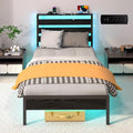 Black Twin Bed Frame with Storage Headboard and Charging Station J34556