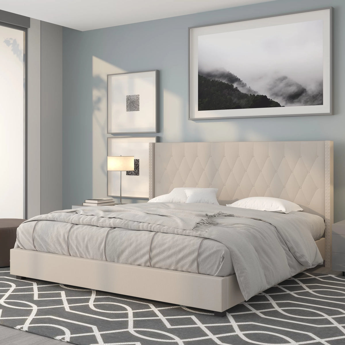 King Size Tufted Upholstered Platform Bed in Beige Fabric K71497