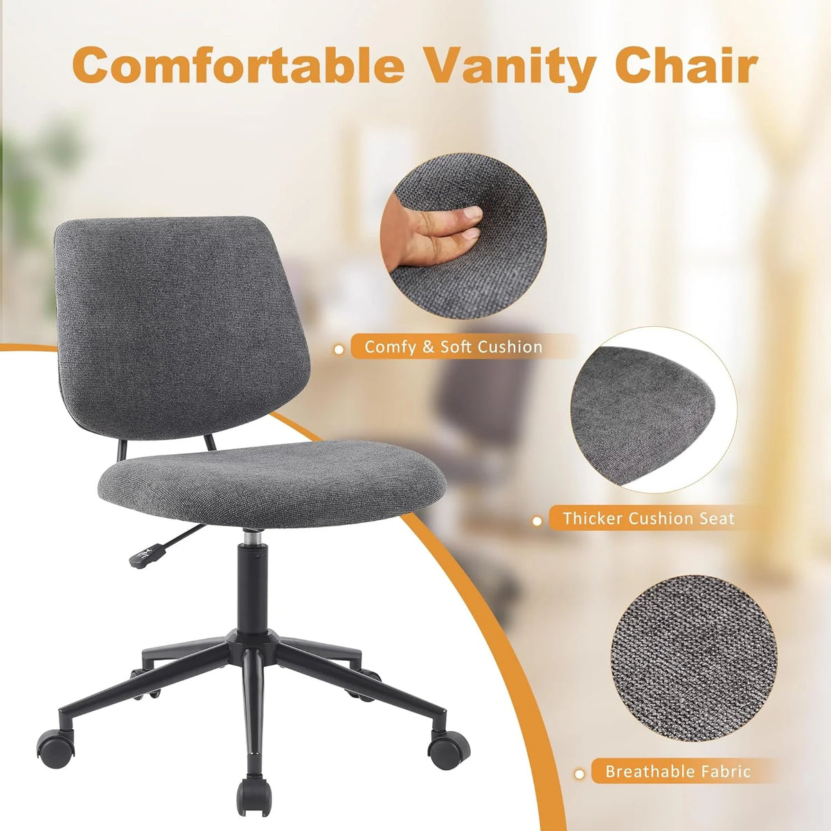 Armless Height-Adjustable Rolling Swivel Office Chair with Wheels R760
