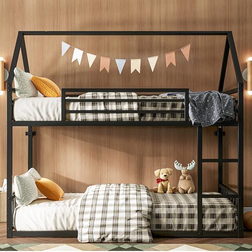 Twin Over Twin Bunk Bed with Ladder and Guardrail Black U403447